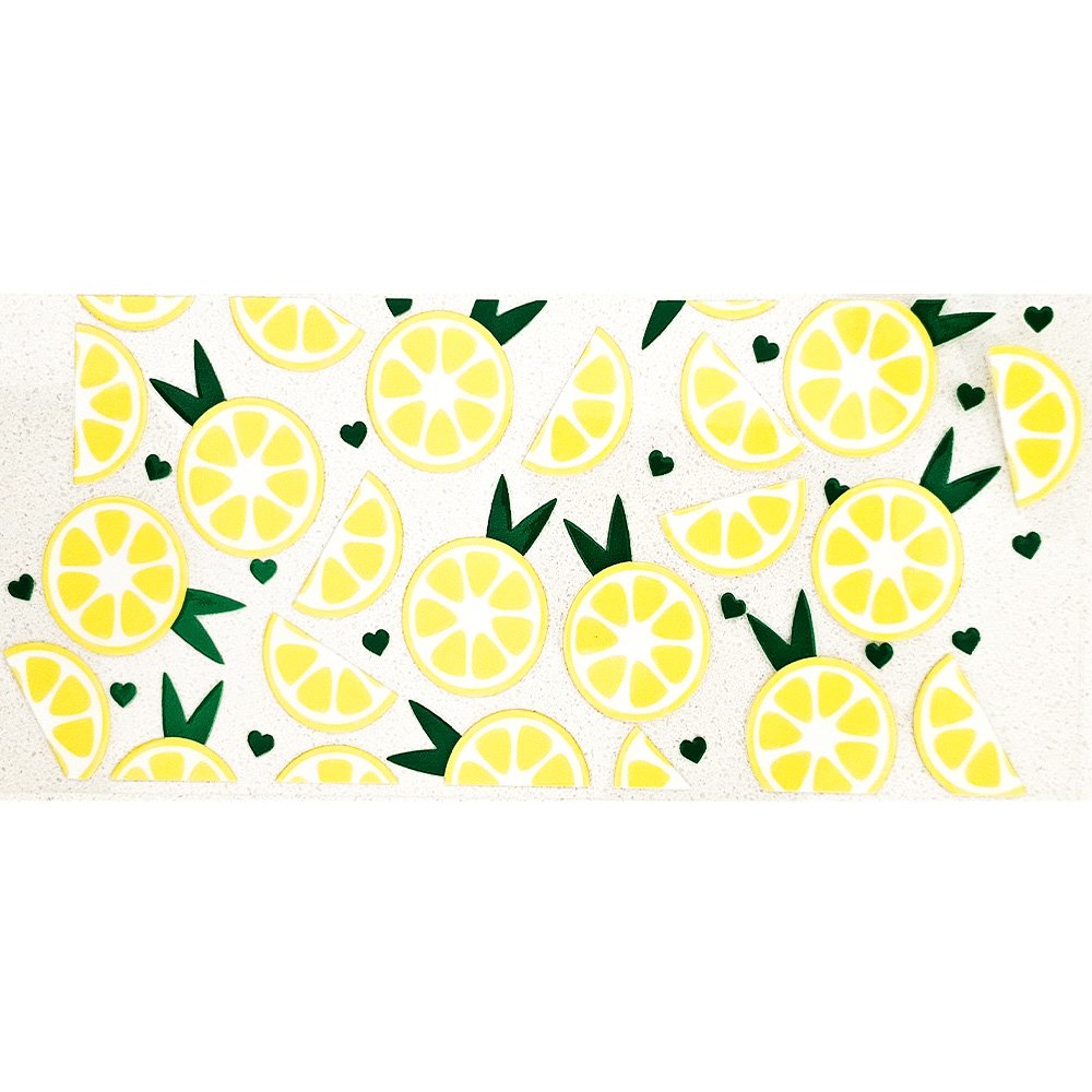Lemon-themed vinyl decal stickers with full slices, wedges, green leaves, and tiny hearts