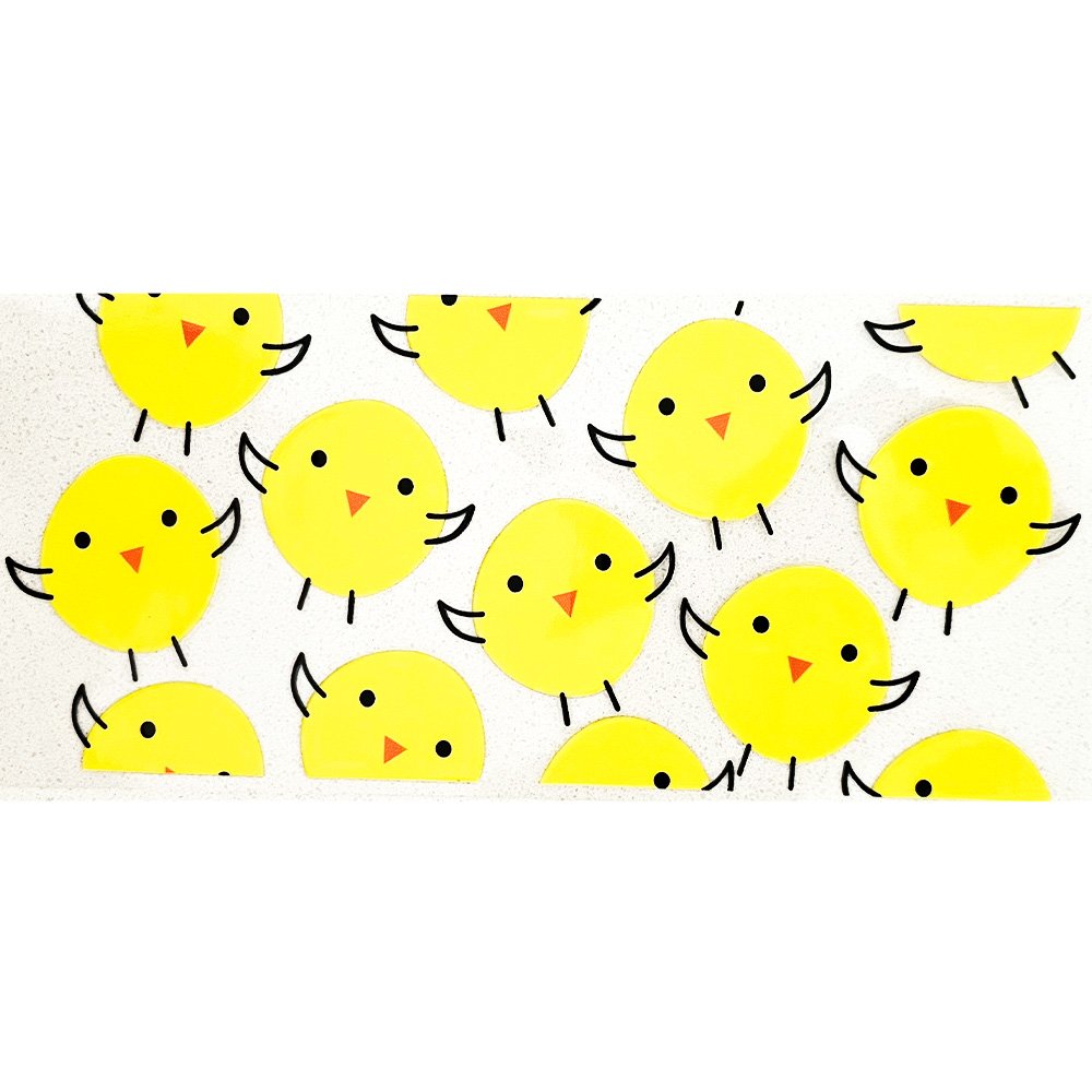 Cute yellow baby chick decal stickers with black wings and feet on a white background