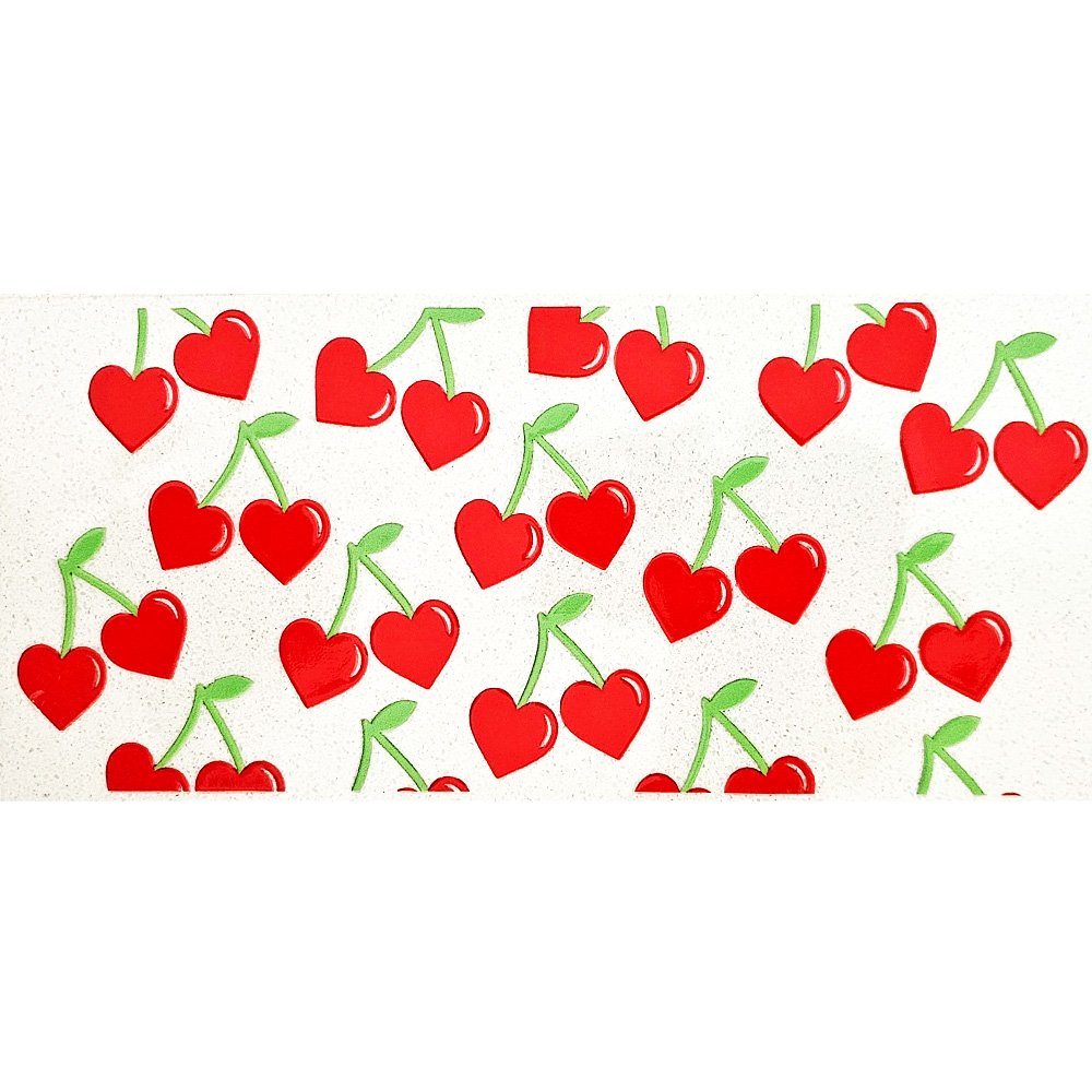 Cute red heart-shaped cherry decals with green stems on a white background.
