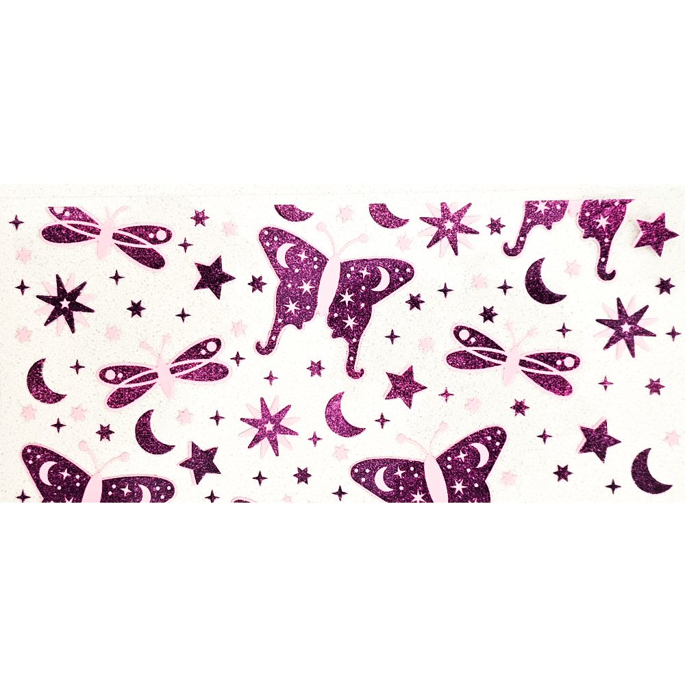 Purple glitter butterfly, stars, moons, and dragonflies on a white sticker background.