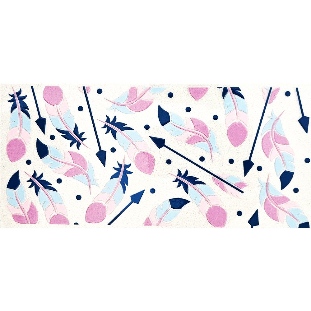 Pastel feather and arrow sticker design in pink, blue, and navy on a white background.
