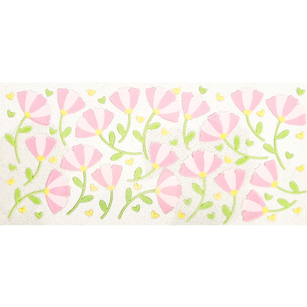 Sticker sheet with pink blooming flowers, green leaves, and small yellow hearts on a white background.