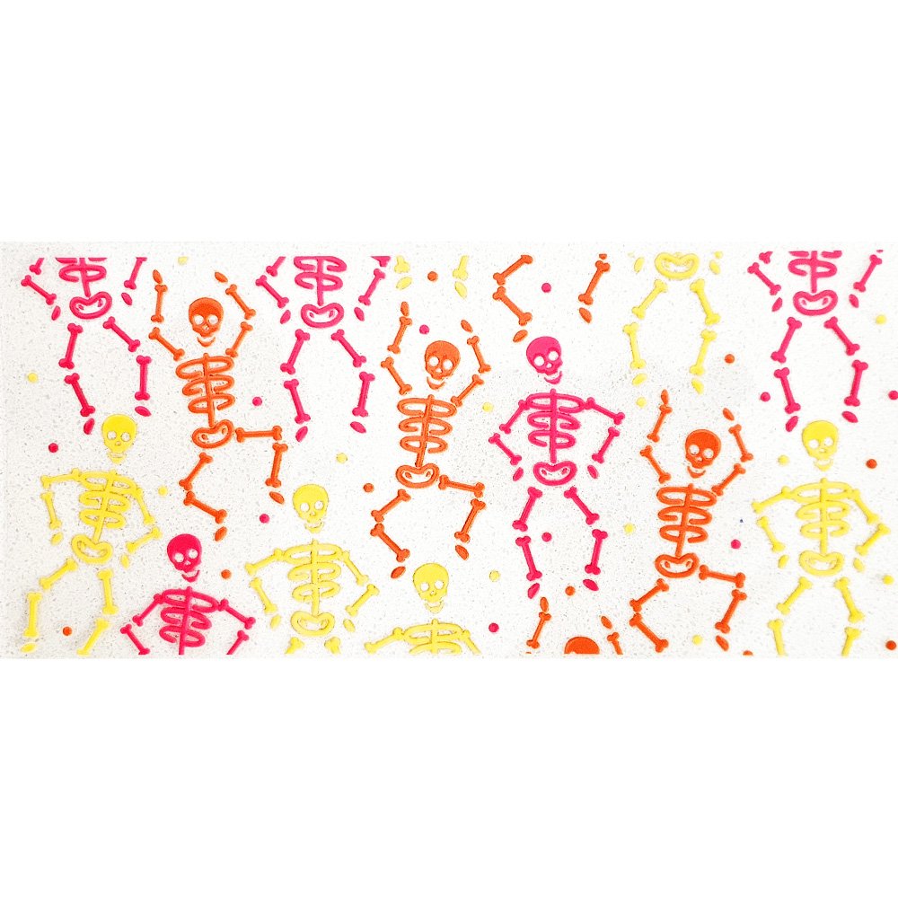 Colorful dancing skeletons in pink, orange, and yellow on a white background