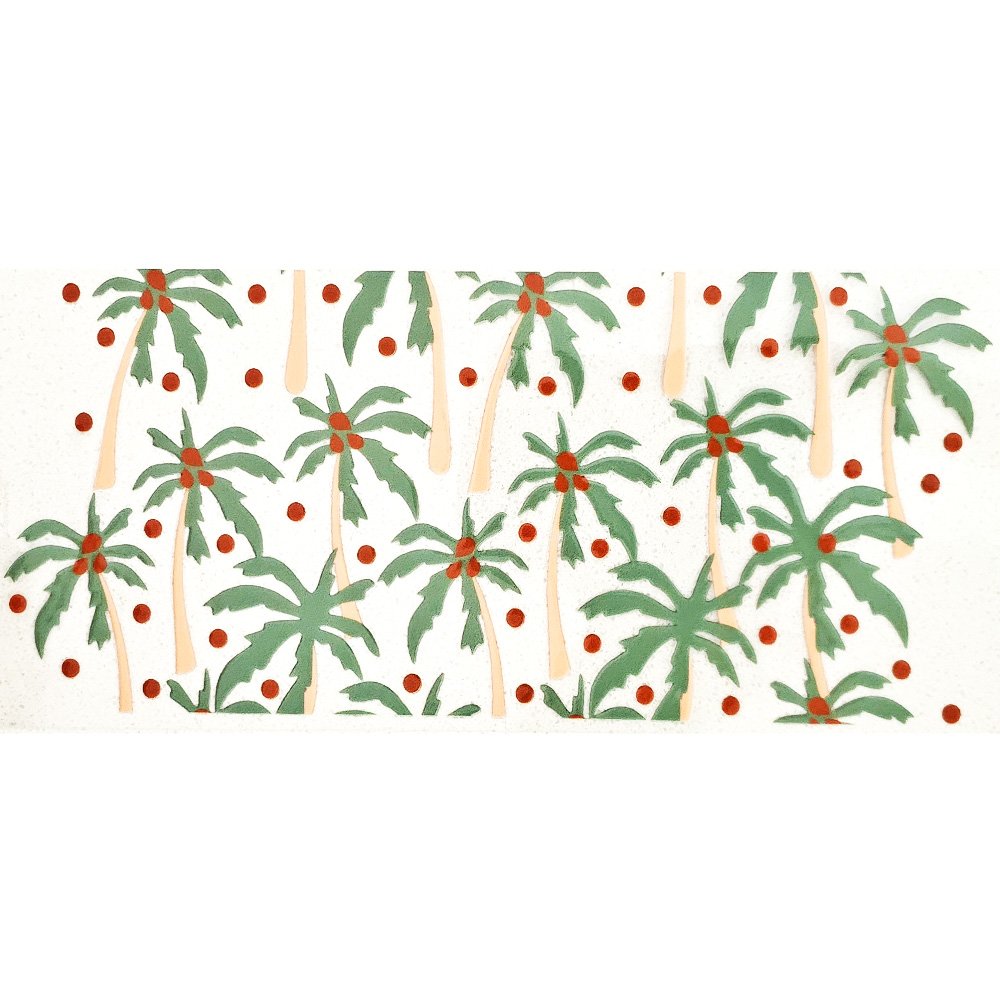 Tropical palm trees with coconuts and scattered red dots on white background