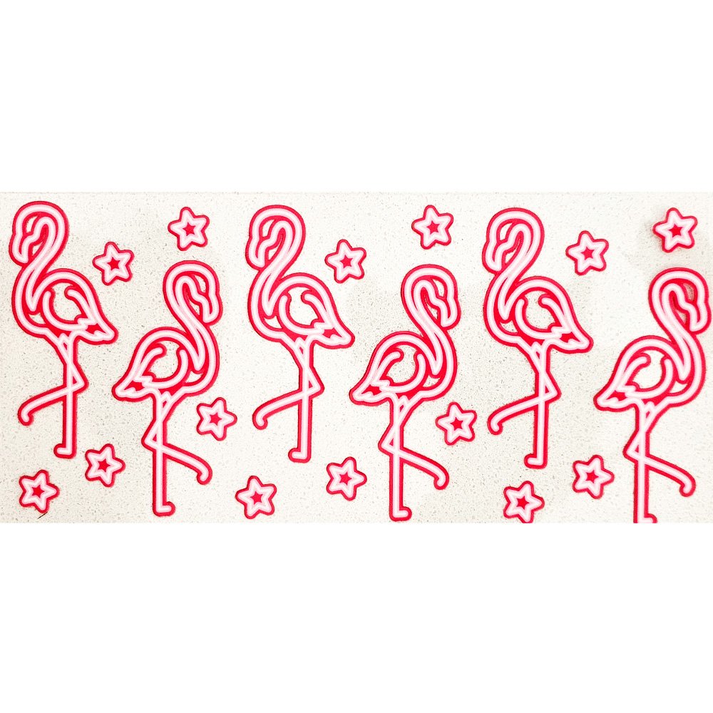 Bright pink flamingo and star-shaped decals on a white background