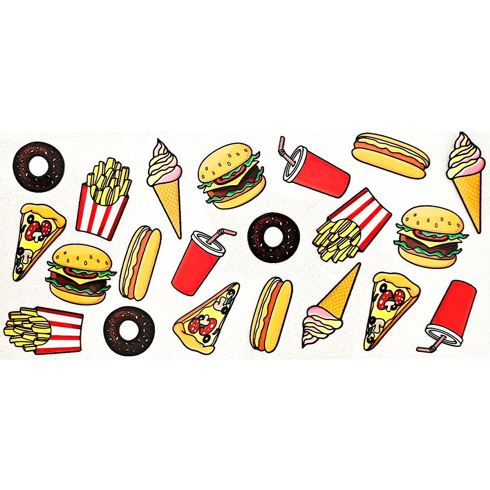 Colorful fast food decals featuring burgers, fries, pizza, ice cream, and drinks on a white background
