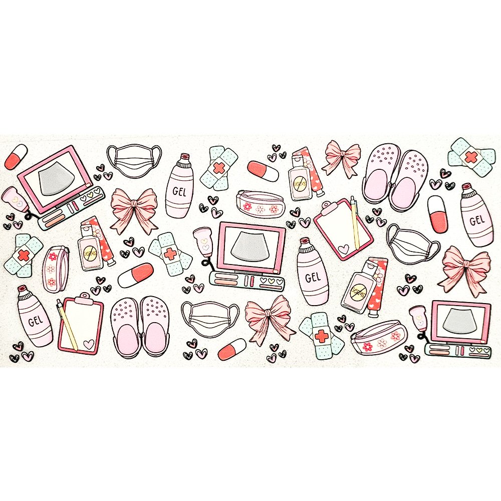 Cute pastel medical-themed decal stickers with bows, pills, bandages, gel bottles, and clipboards