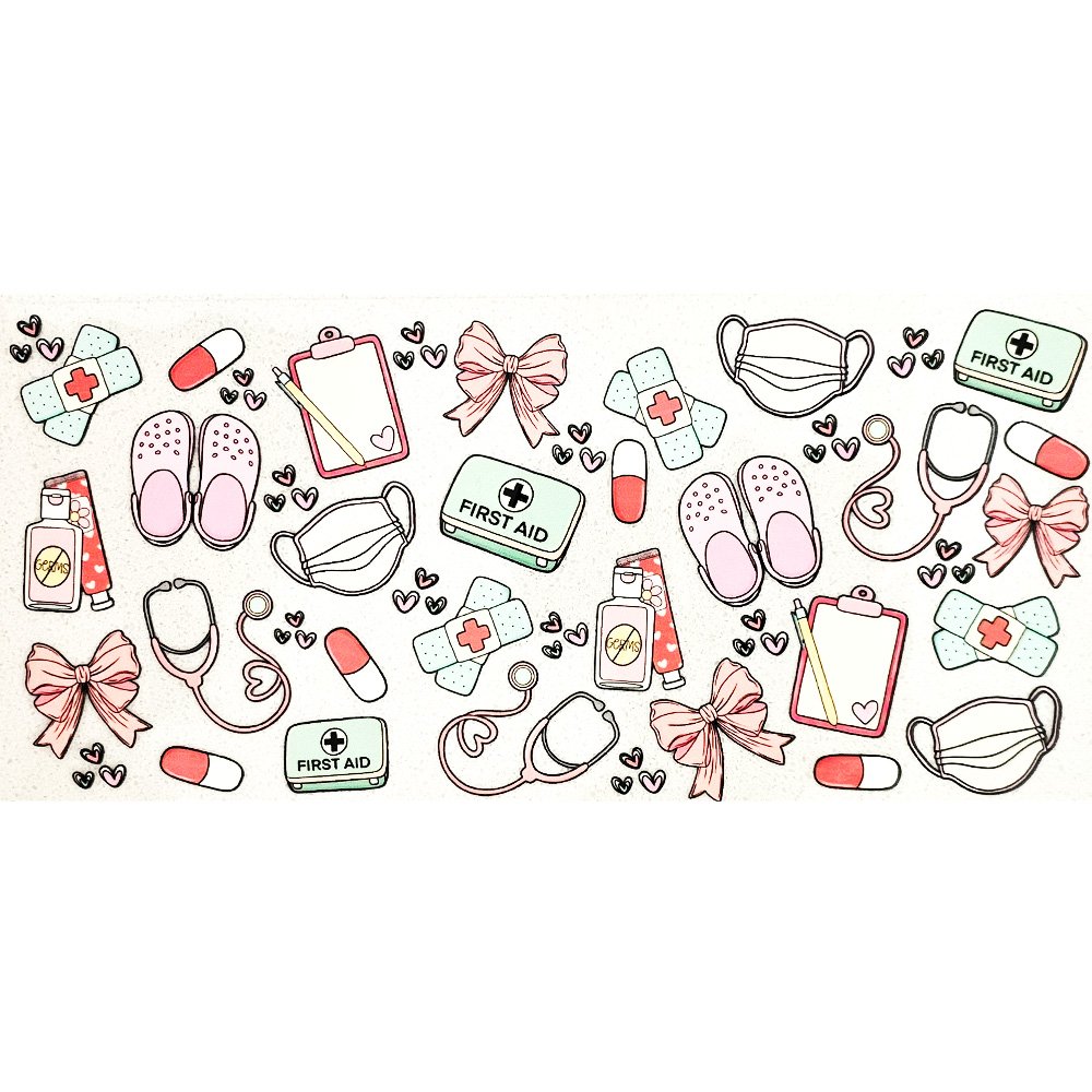 Cute pastel medical sticker set with stethoscopes, first aid kits, slippers, pills, masks, and bows