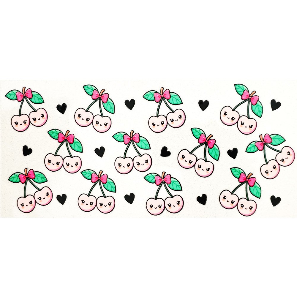 Cute kawaii cherry stickers with smiling faces, pink bows, and green leaves