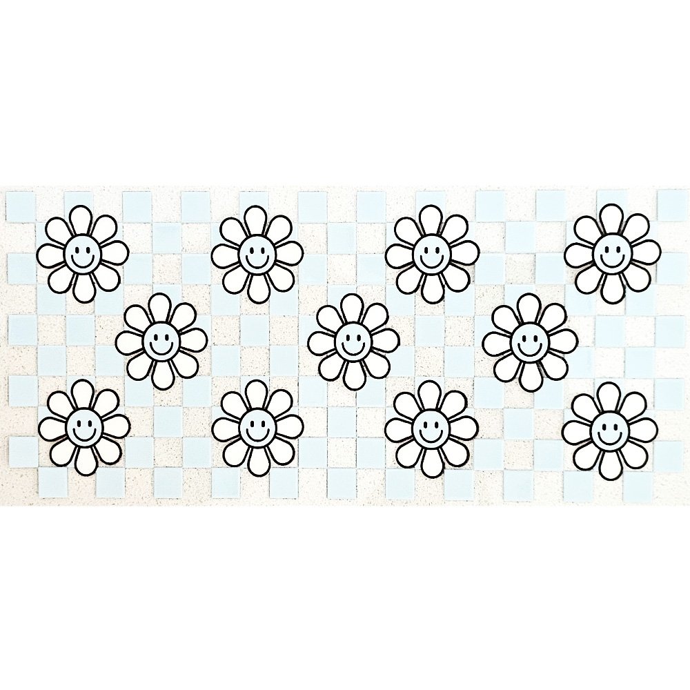 Black and white smiley daisy flower stickers on a pastel blue checkerboard background