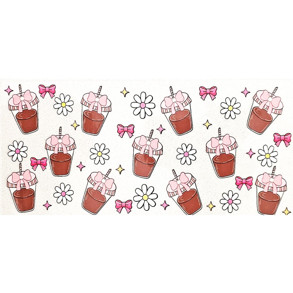 Cute chocolate drink cup stickers with pink bows, daisies, and sparkles on white background