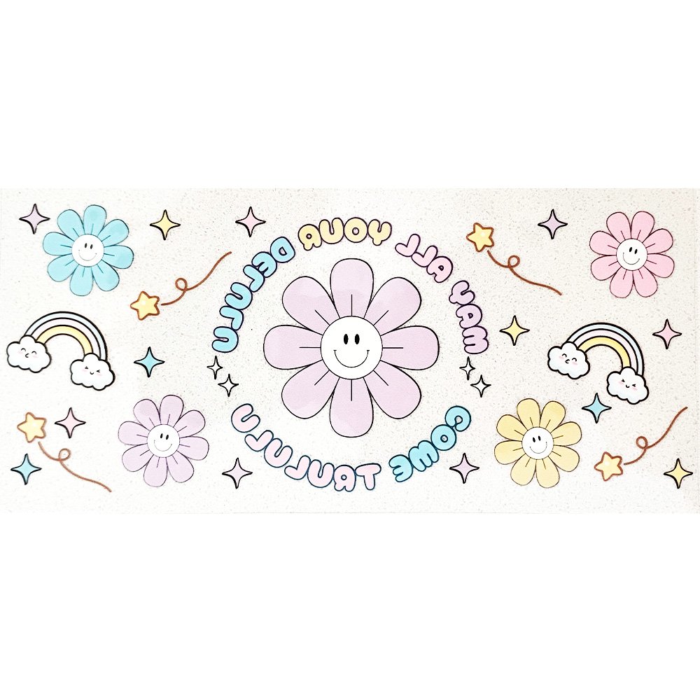 Pastel smiley flowers and rainbows with the phrase “May all your delulu come trululu” in playful lettering
