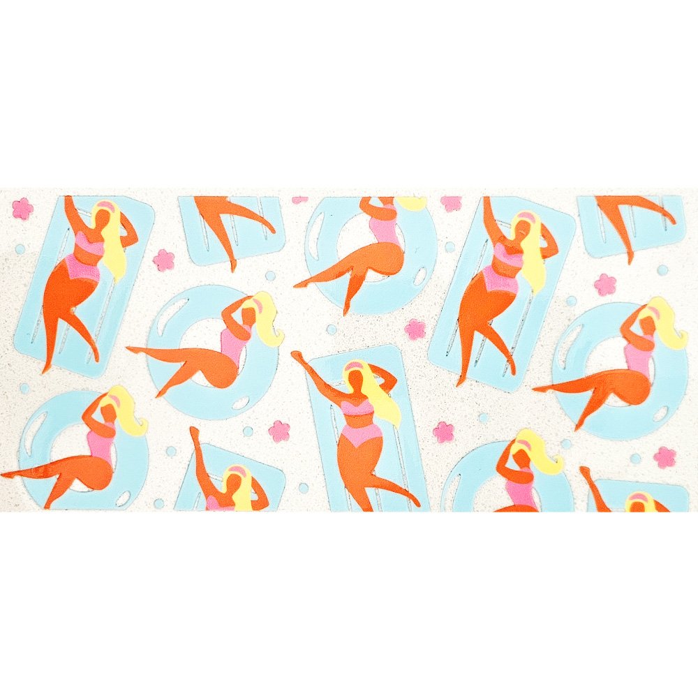 Decal sticker of women in swimsuits lounging on pool floats with tropical accents