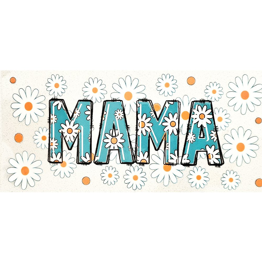 Decal sticker featuring the word "MAMA" in bold blue letters with daisy floral design