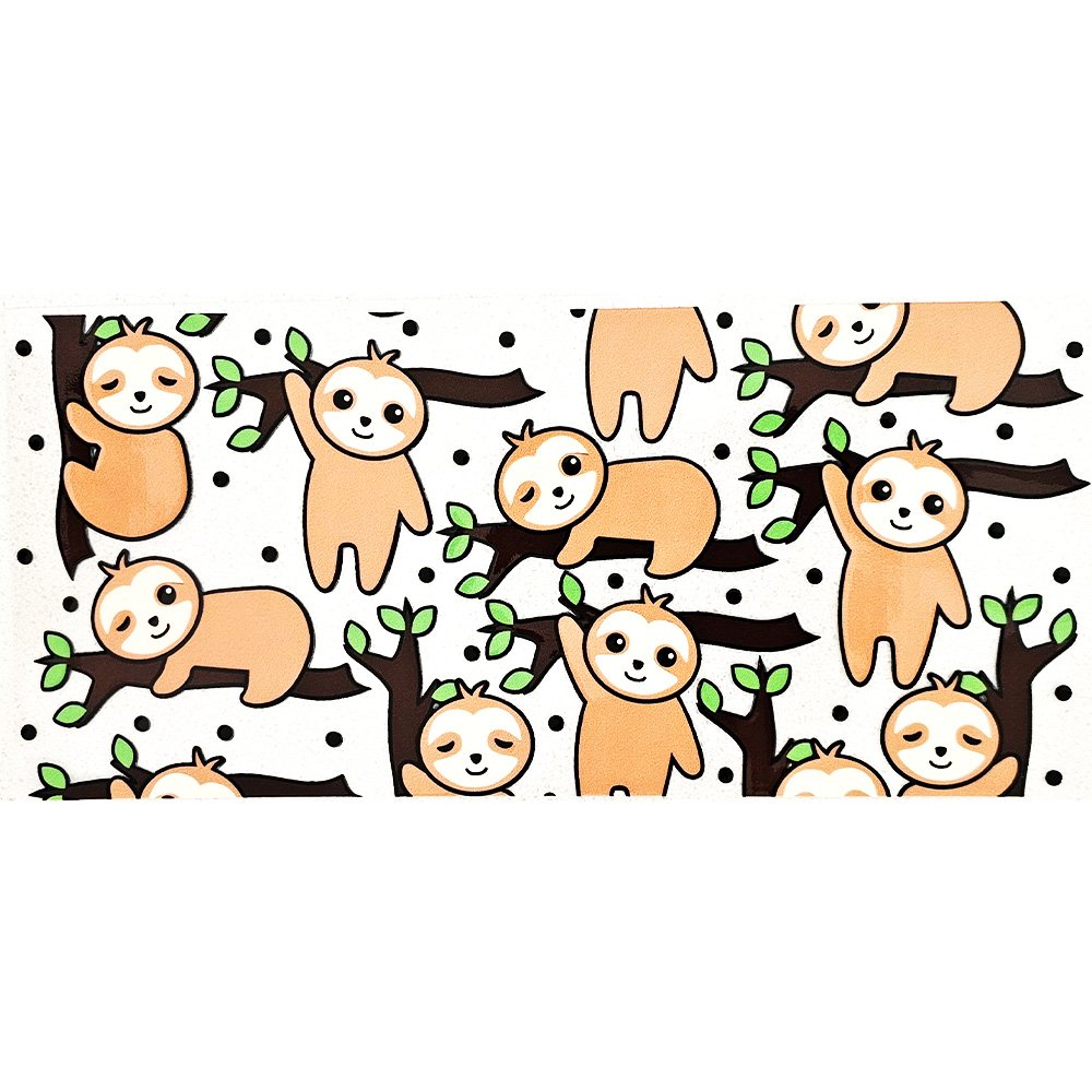 Cute sloth-themed vinyl decal with smiling sloths hanging from tree branches