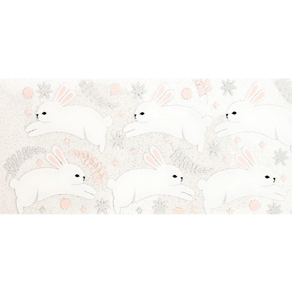 Minimalist bunny-themed vinyl decal featuring white rabbits in a leaping pose with soft pastel floral accents