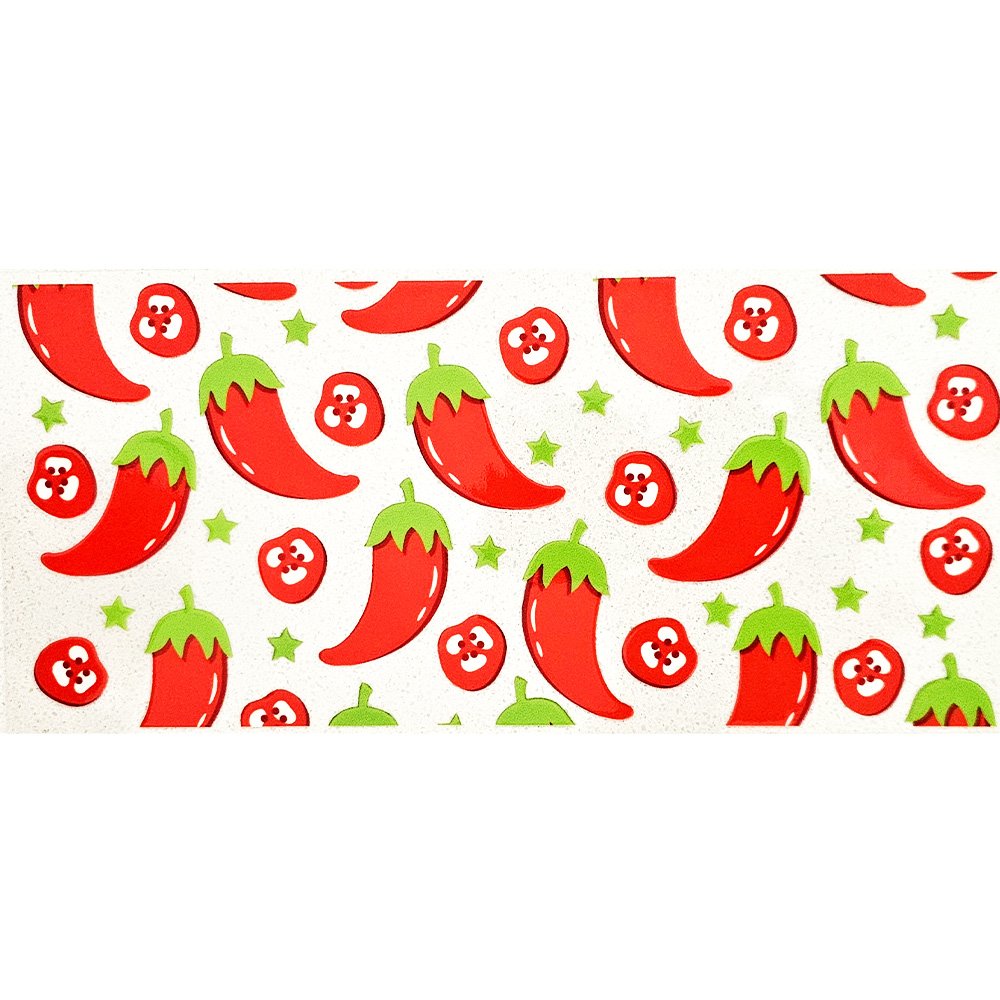 Red chili pepper-themed vinyl decal sheet with sliced chilies and green star accents