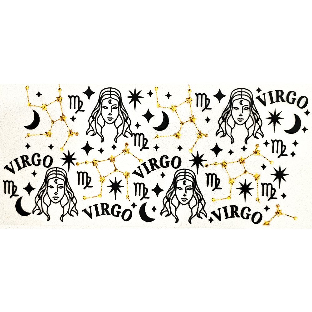 Astrological Virgo-themed vinyl decal with celestial icons, constellation stars, and Virgo symbols