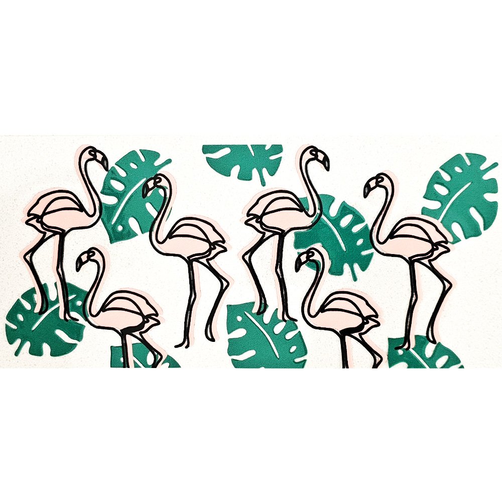 Tropical vinyl decal with pink flamingos and green monstera leaves