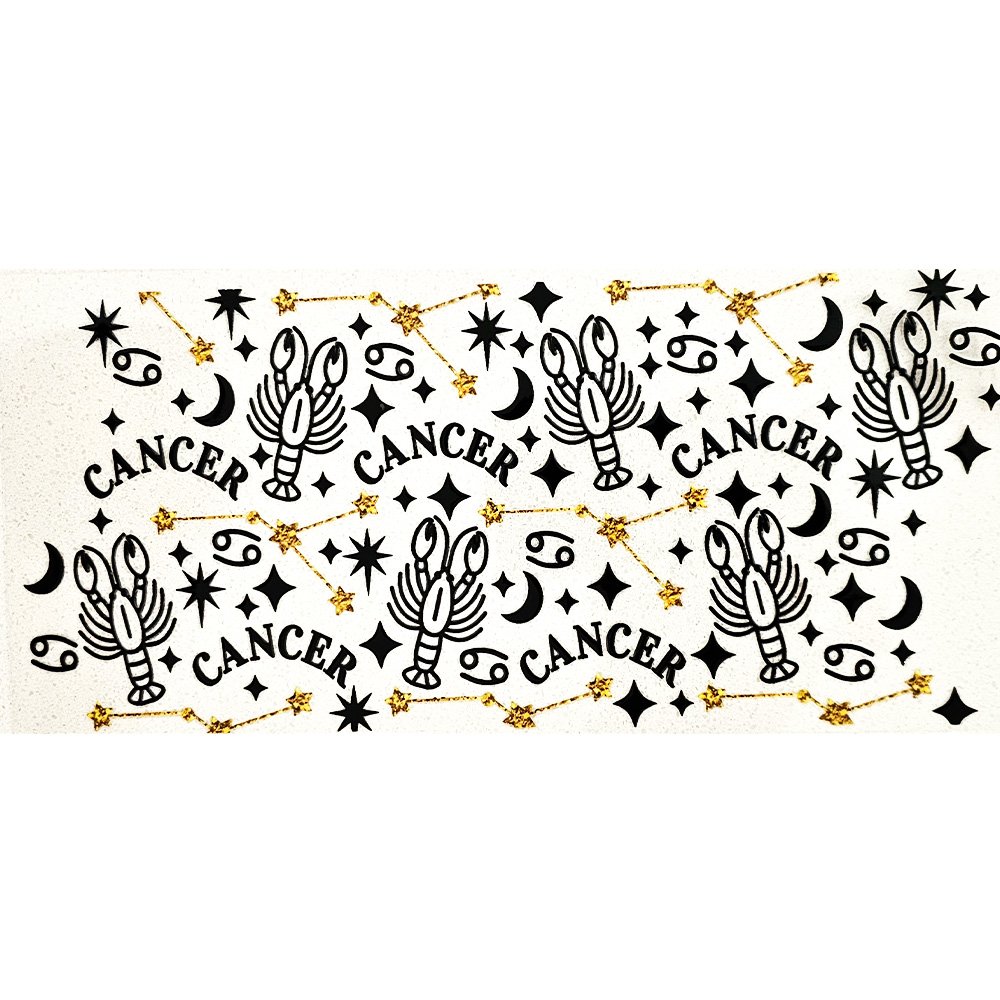 Black and gold Cancer zodiac decal featuring constellations, stars, moons, and the crab symbol
