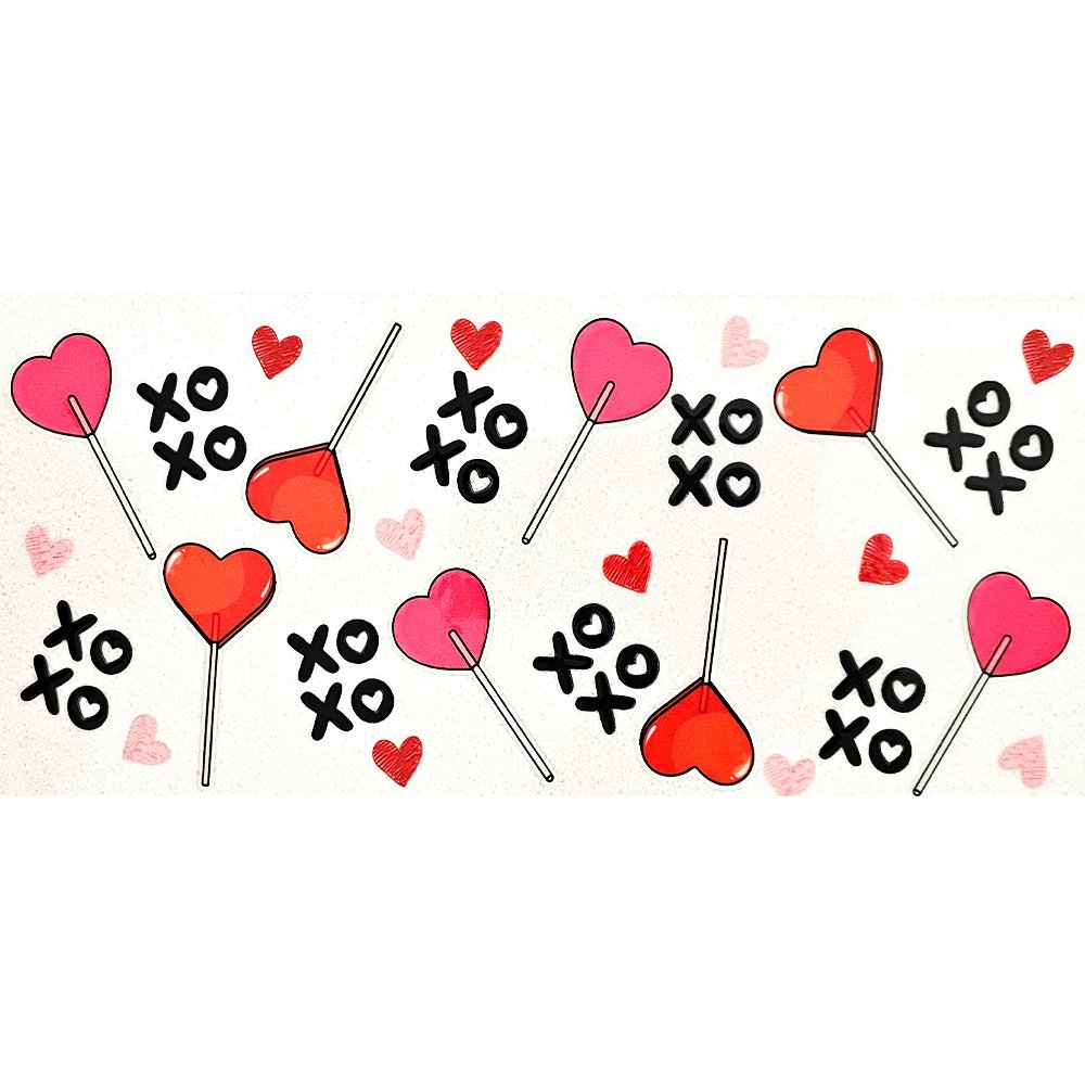 Heart-shaped lollipop and XO design vinyl decal in red, pink, and black for cup decoration