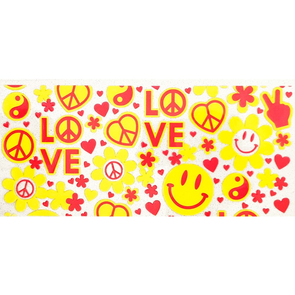 Yellow and red retro peace love vinyl decal with smiley faces, flowers, and hearts for cup decoration