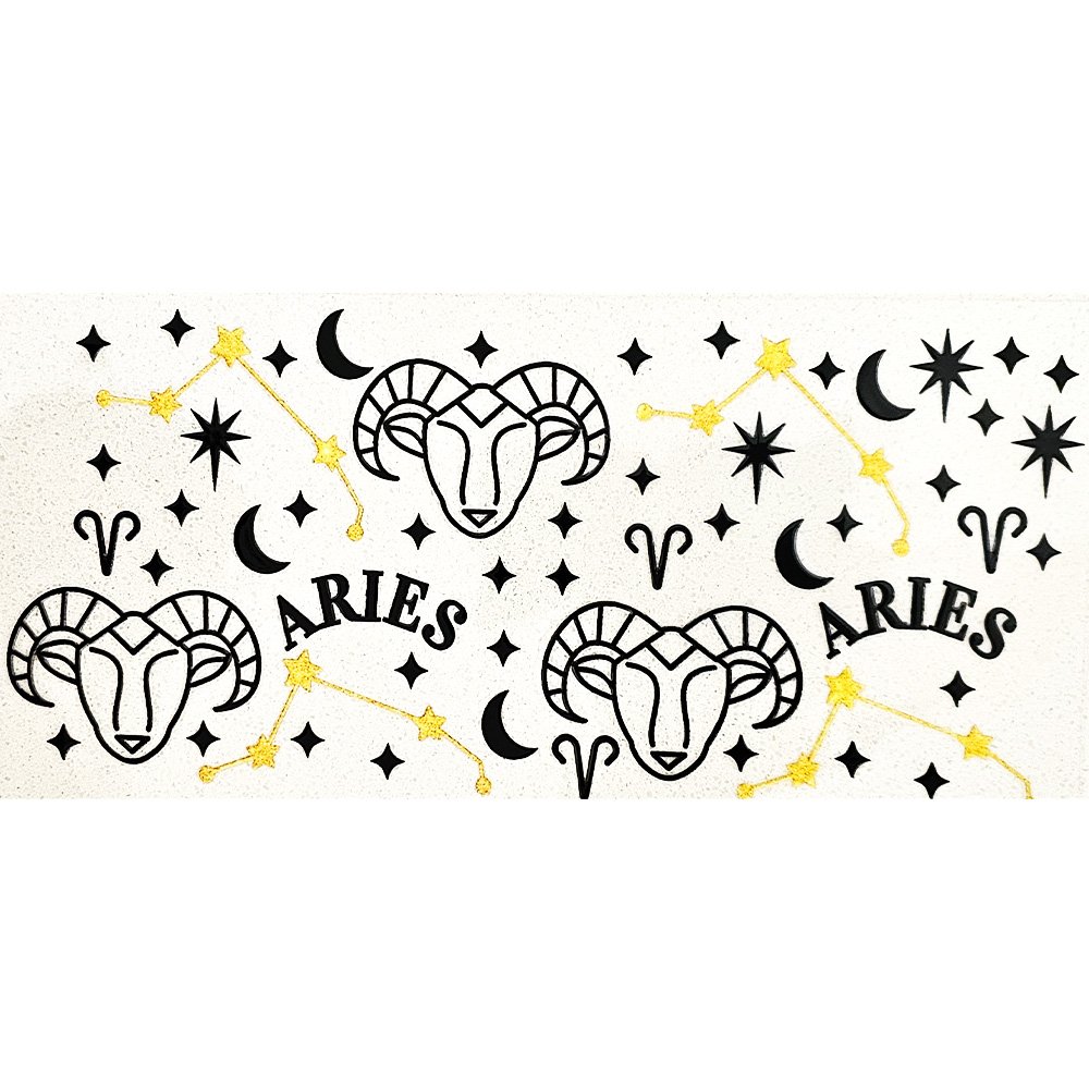 Aries zodiac vinyl decal with constellation, ram heads, stars, and moons for cup decoration
