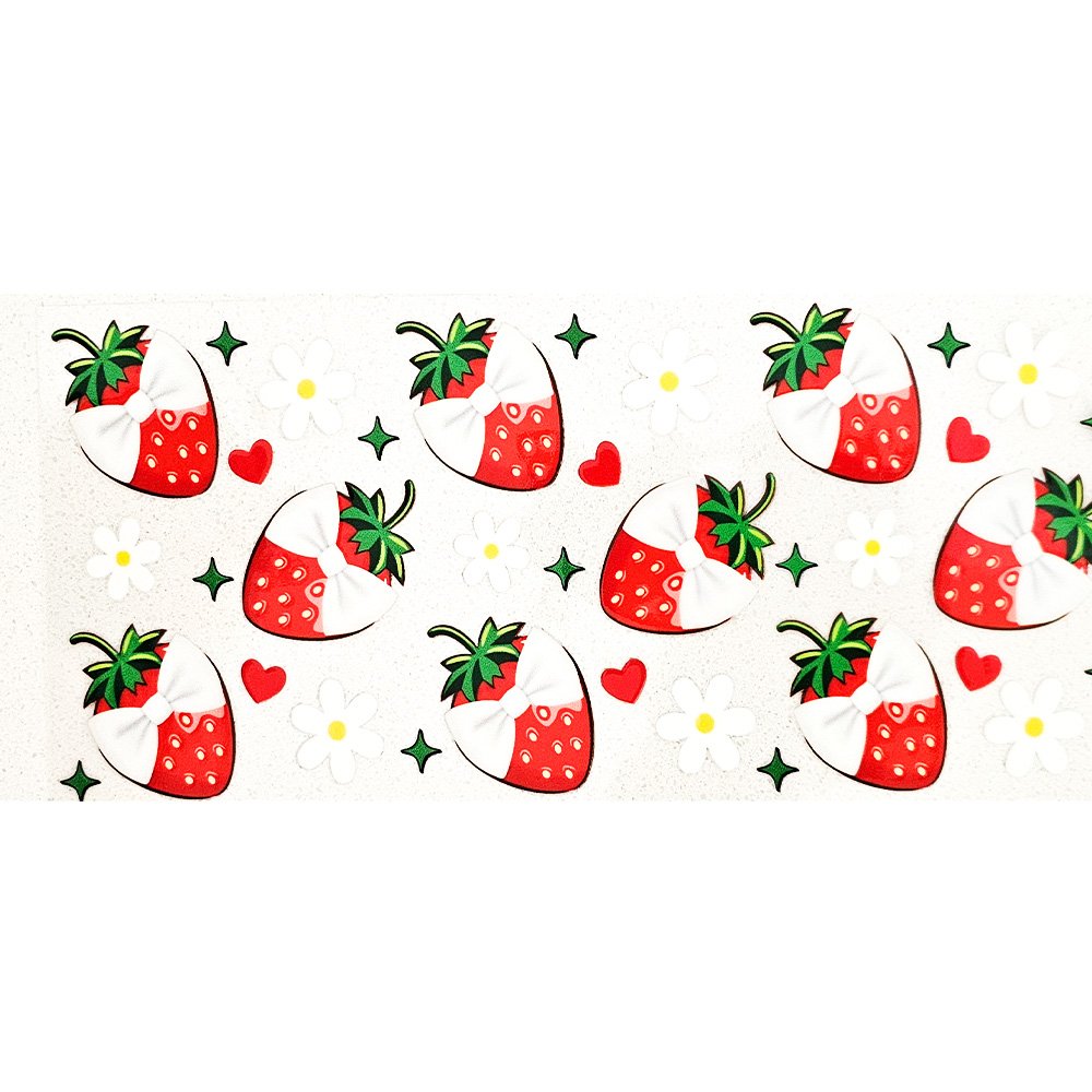 Vinyl decal featuring cute strawberries with white bows, red hearts, white daisies, and green sparkles on a white background.