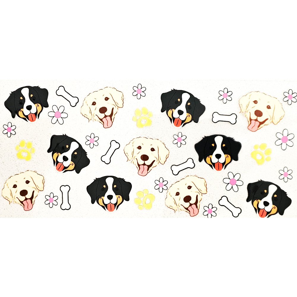 Vinyl decal with cartoon dog faces (Golden Retriever and Bernese Mountain Dog), bones, paw prints, and flowers on a white background.