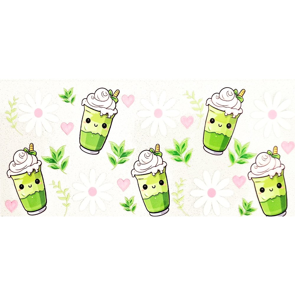 Vinyl decal featuring cute matcha drinks with whipped cream, surrounded by daisies, green leaves, and pink hearts on a white background.