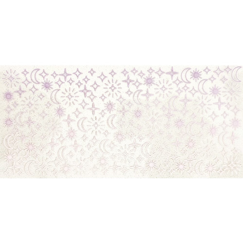 Pastel purple celestial decal with gradient moons, stars, and sunbursts in a magical, dreamy pattern on a white background.