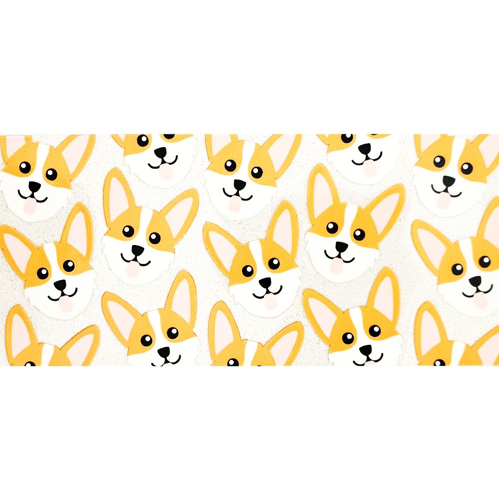 Cute repeating pattern of orange and white corgi faces with big ears and happy expressions, on a white background.