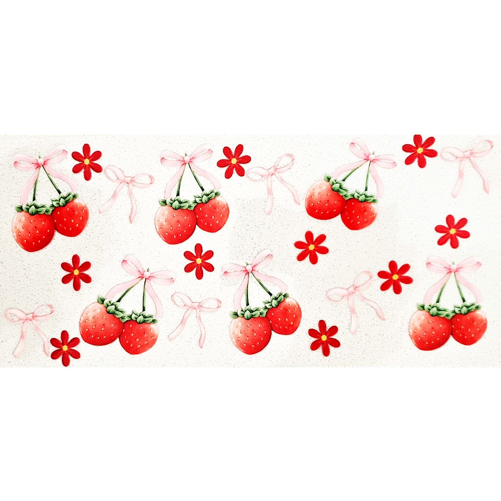 Red strawberries tied with pink bows and red daisy flowers scattered on a white background.