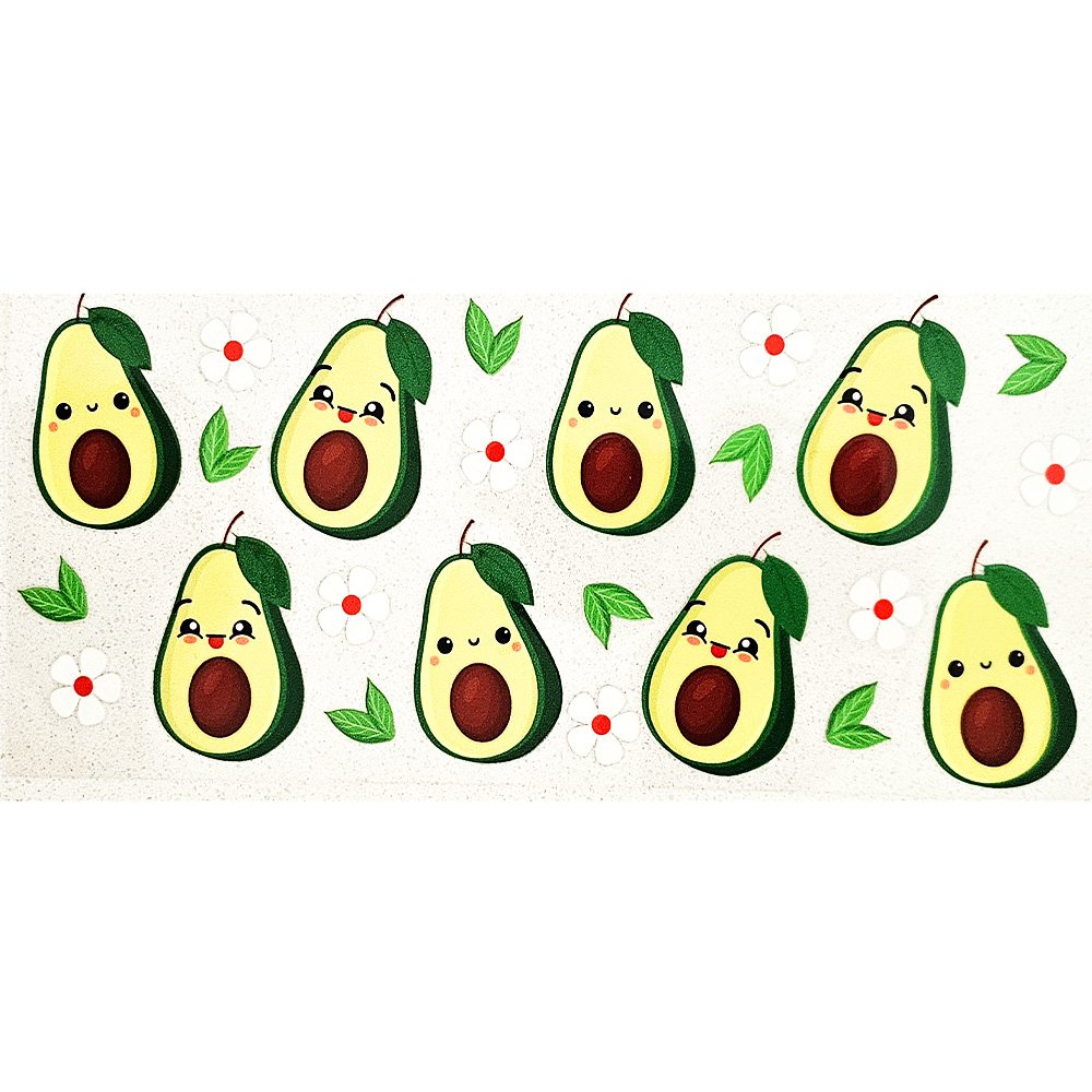 Cute avocado halves with smiling faces, green leaves, and white flowers with red centers on a white background.