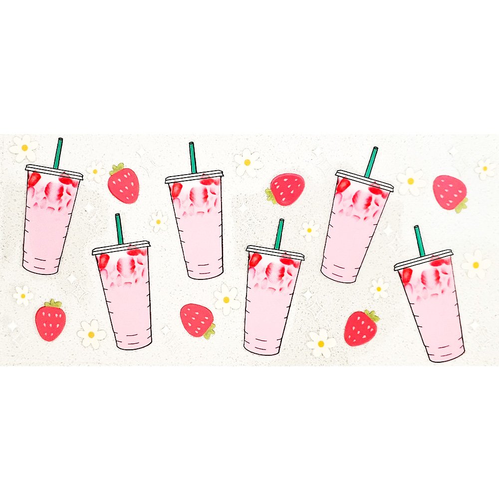 Pink iced strawberry drinks with green straws, surrounded by cartoon strawberries and white daisies.