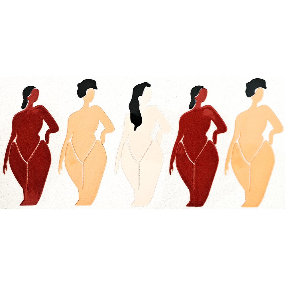 Stylized decal of five curvy female figures in various skin tones, standing confidently in minimal outlines.