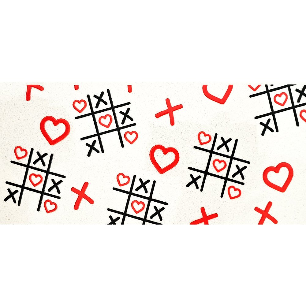 Playful tic-tac-toe decal set featuring Xs, red hearts, and game boards in a cute love theme.