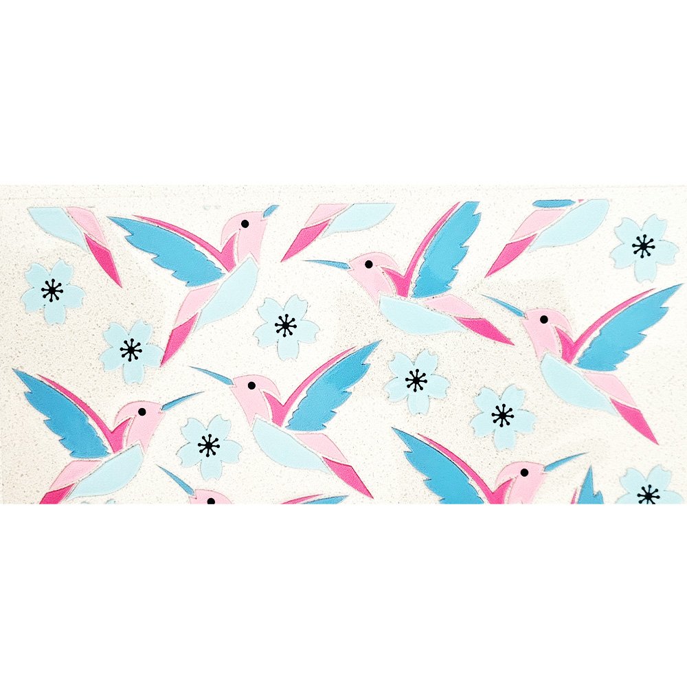 Pastel pink and blue hummingbird decal stickers flying among light blue flowers on a white background.