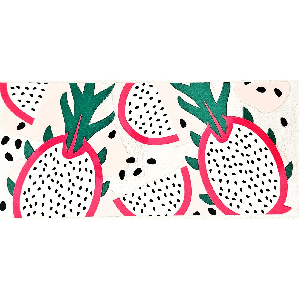 Colorful dragon fruit pattern with bright pink rinds, green leaves, and black seeds on a white background.