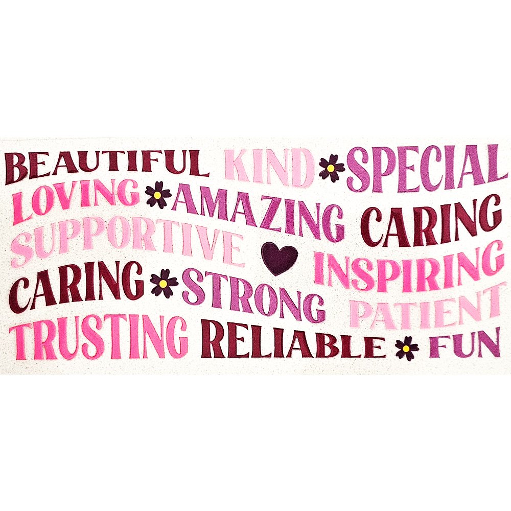Colorful motivational words in mixed fonts with pink, purple, and red hues, including hearts and flowers.