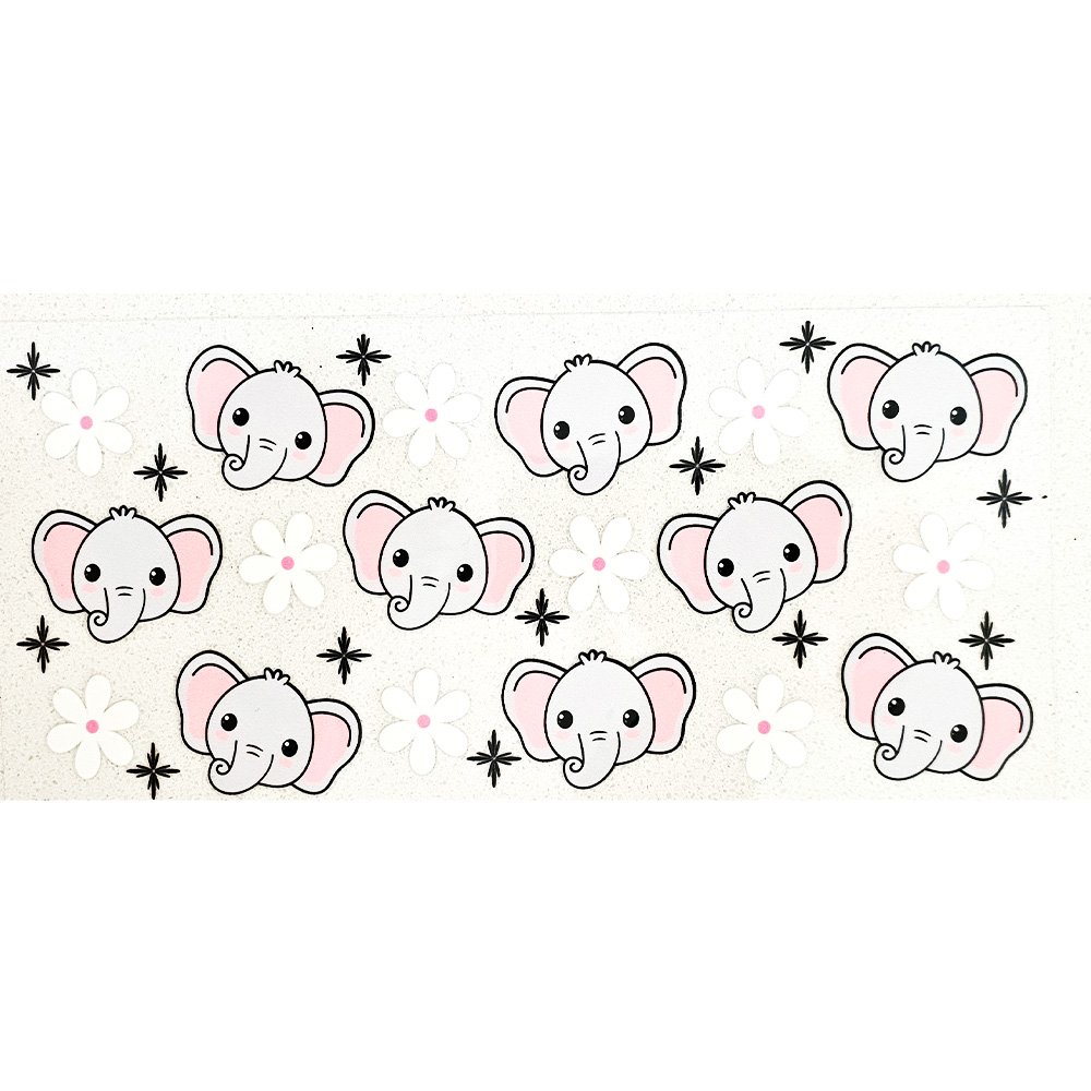 Cute cartoon elephant faces with pink ears surrounded by white and black daisy flowers on a light background.