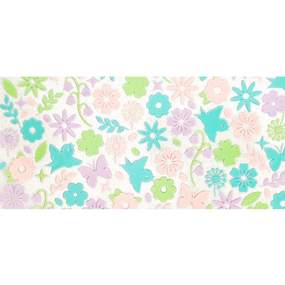 Pastel garden-themed decal with flowers, butterflies, birds, and leaves in soft tones of turquoise, pink, purple, and green.