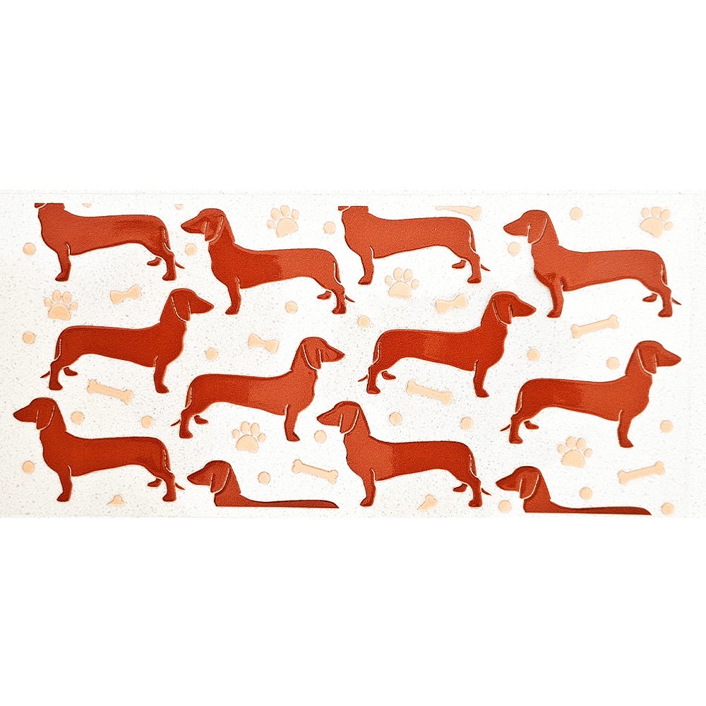 Vinyl decal featuring repeating dachshund dog silhouettes with paw prints and bones in a playful layout.