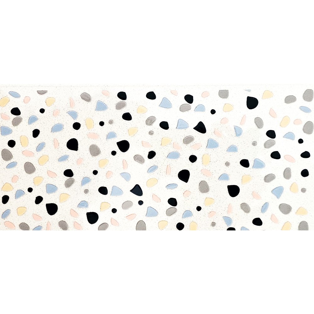 Terrazzo pattern decal with pastel and monochrome confetti-style acrylic vinyl pieces in blue, yellow, peach, black, and grey.