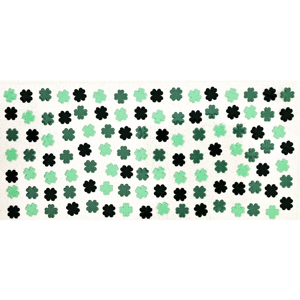 Sheet of small green four-leaf clover stickers in various shades of mint and emerald.