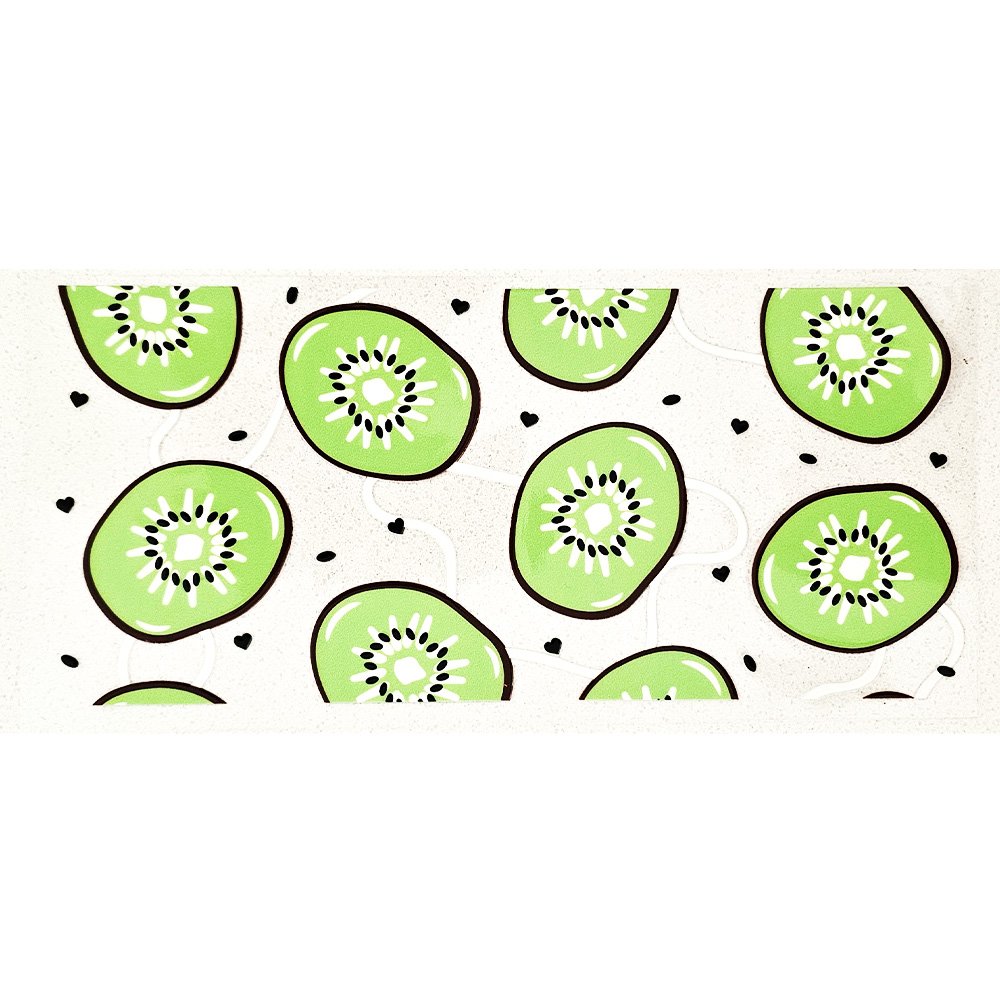 Sheet of green kiwi fruit slice stickers with black seeds and heart accents.