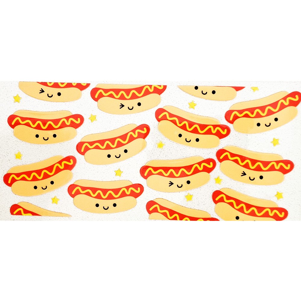 Cute hotdog cartoon decals with smiling faces and yellow stars on a white background