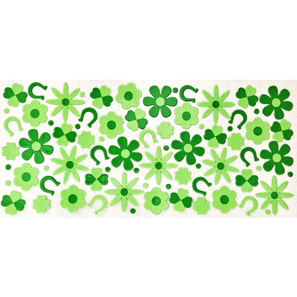Green lucky charm sticker sheet with flowers, clovers, and horseshoes in various shades of green.