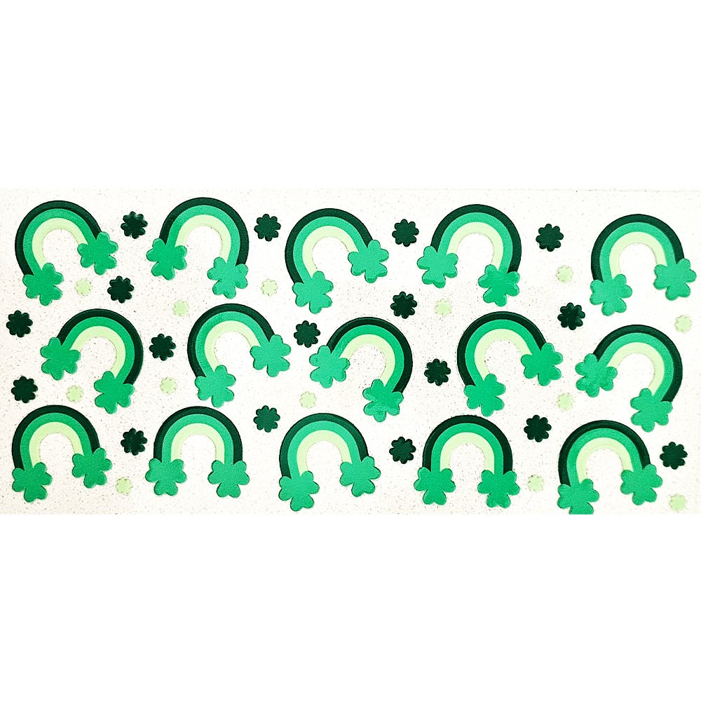Sticker sheet featuring green rainbows and shamrocks in vibrant shades on a white background.