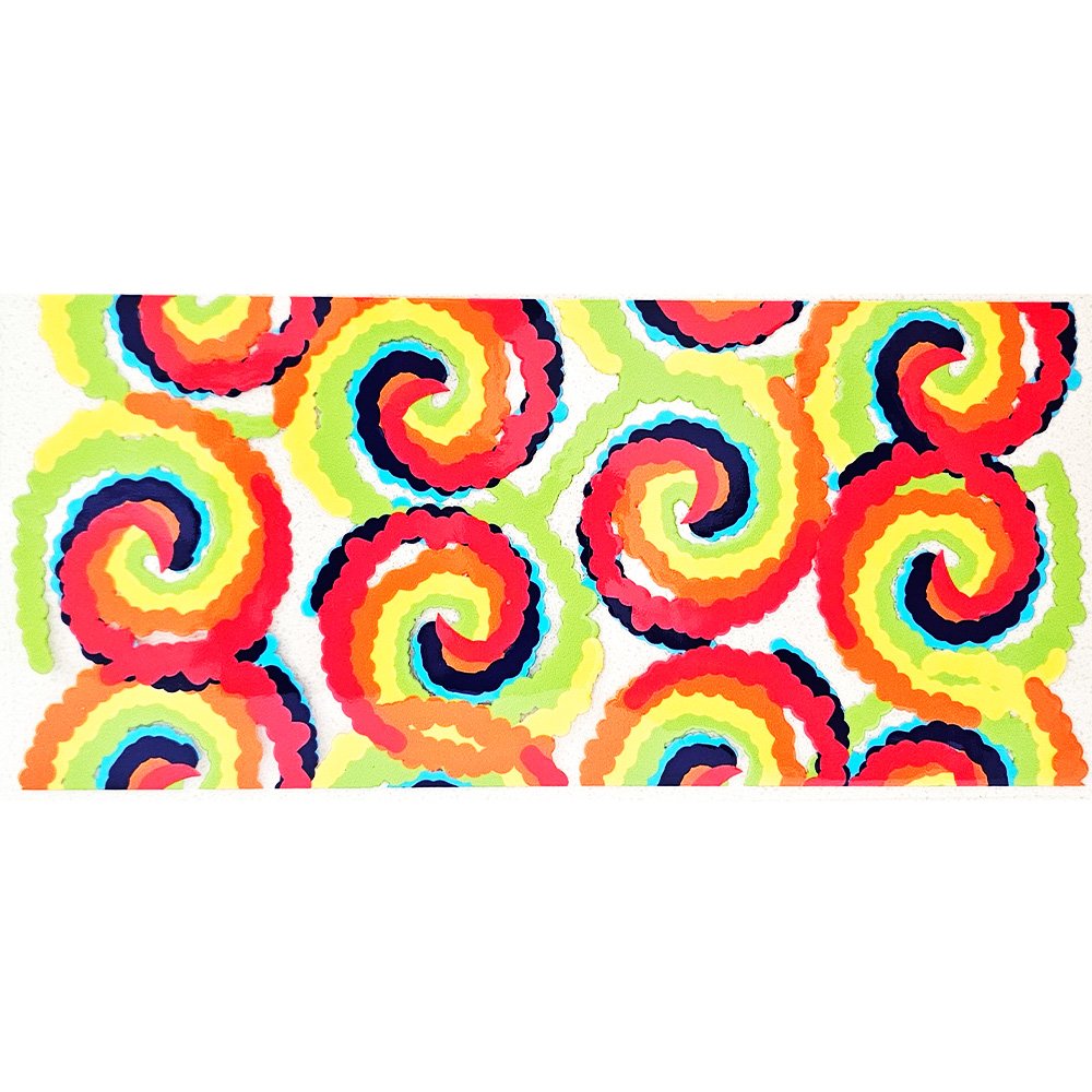 Colorful rainbow swirl decals with scalloped edges on a white background.
